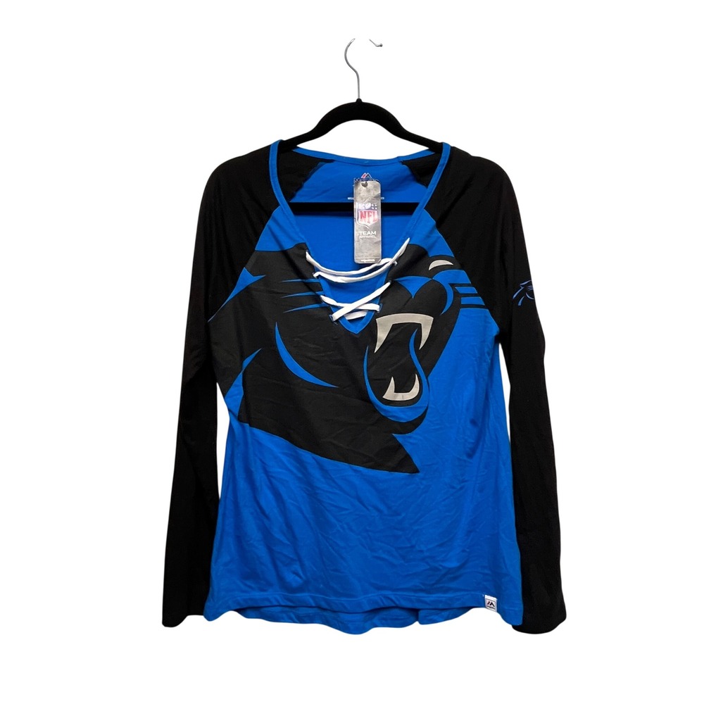 Majestic NFL Carolina Panthers Womens Large Blue Black Lace Up Long Sleeve Shirt